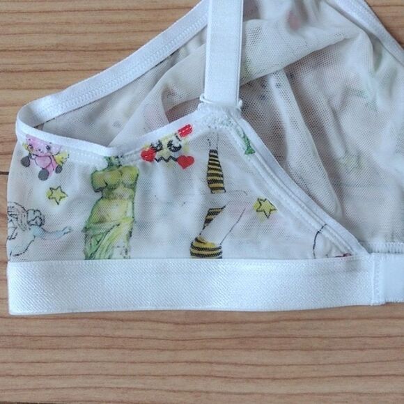 Parade White Summer Doodle Print Silky Mesh Triangle Bralette Size Large - Picture 5 of 12